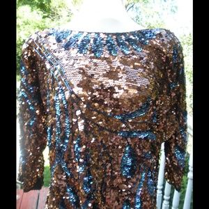 Vintage Sequin Bronze Top Blue Blouse Sequin Top